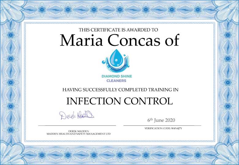Infection control cleaning certificate