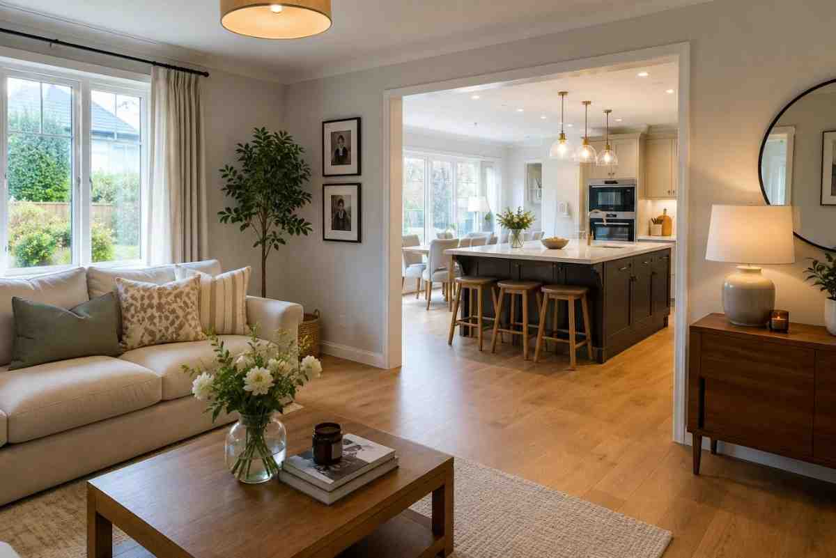 Bright, beautifully maintained Irish family home with an open-plan living room and kitchen, showcasing the comfort, calm and freshness that professional house cleaning in Dublin can bring.