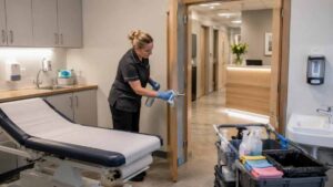 Professional cleaner disinfecting a high-touch door handle in a modern Dublin medical centre, with an examination room, handwashing facilities, organised cleaning trolley and quiet reception area visible in the background.