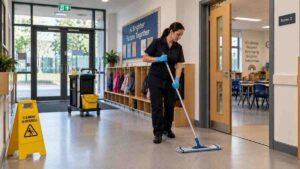 Professional cleaner mopping the entrance corridor of a modern Dublin primary school, showing the daily care involved in school cleaning before pupils and teachers return.