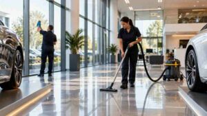 AI-generated image of two professional cleaners vacuuming polished showroom floors and cleaning floor-to-ceiling glass, in a modern Dublin car showroom.