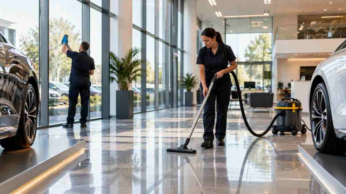 AI-generated image of two professional cleaners vacuuming polished showroom floors and cleaning floor-to-ceiling glass, in a modern Dublin car showroom.